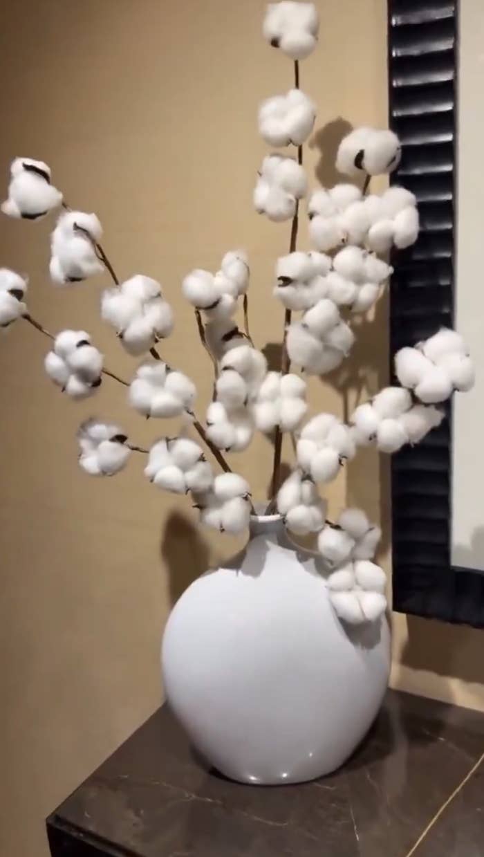 Vase with cotton branches displayed on a table, set against a neutral background