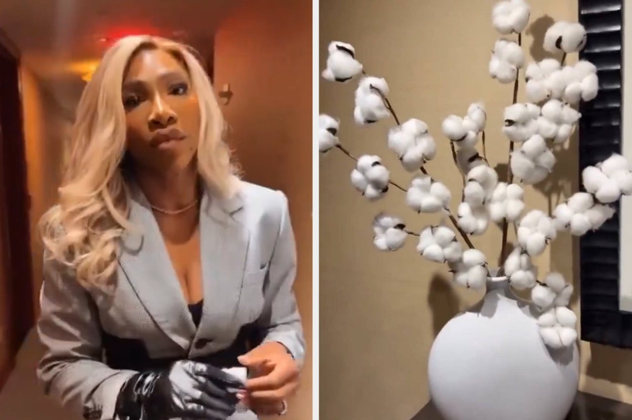 Left: Serena Williams holding a piece of cotton in a hotel hallway. Right: Close up of a vase with cotton branches
