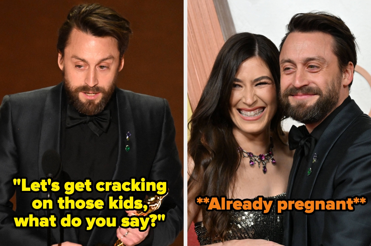 Split image: On the left, a man in a suit on stage with a caption reading, "Let's get cracking on those kids, what do you say?" On the right, smiling with a woman, captioned "**Already pregnant**"