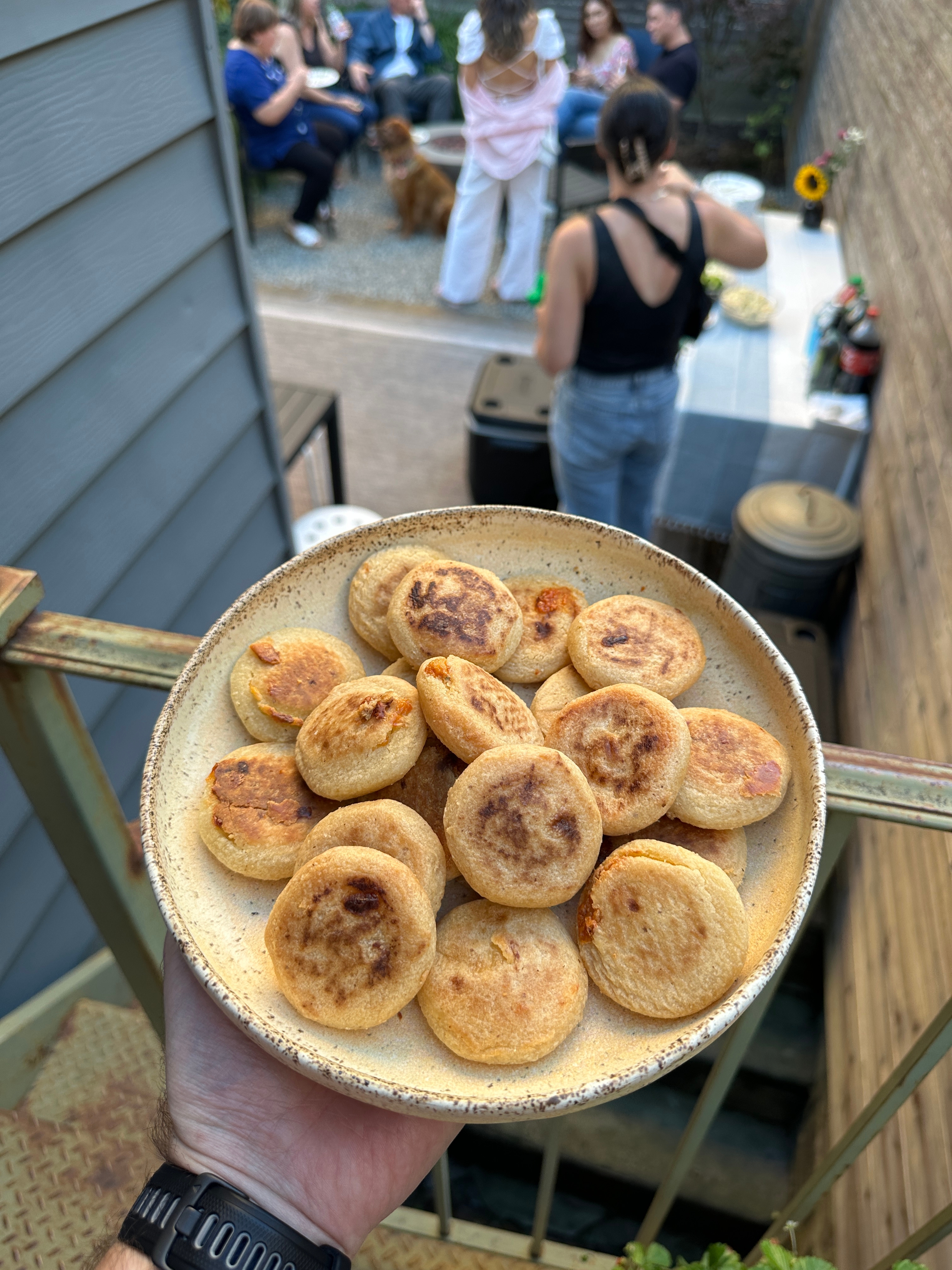 Plate of mini quesadillas held in the foreground, with people and a dog socializing in a backyard setting in the background