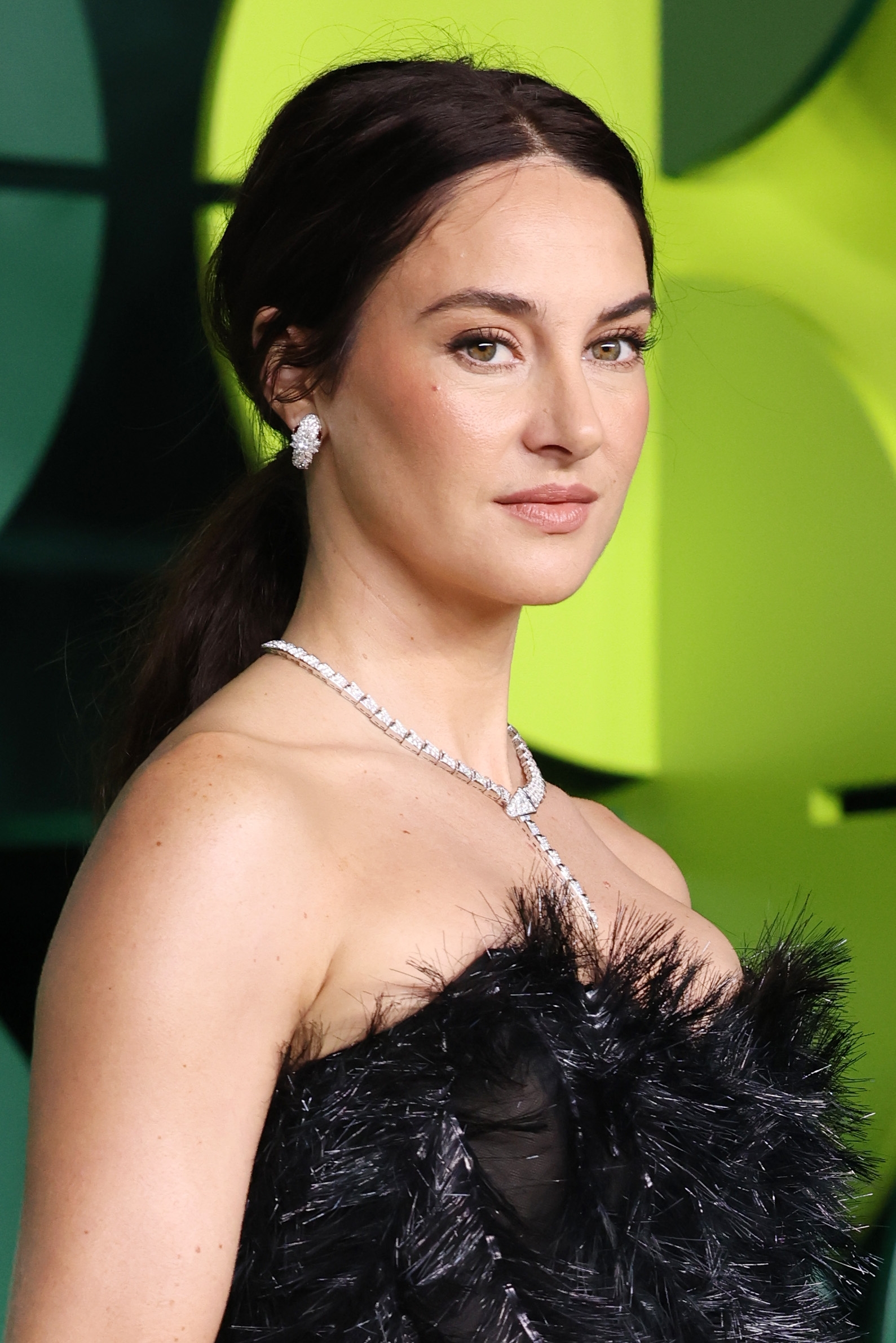 Person in elegant feathered dress with diamond necklace poses confidently at a formal event