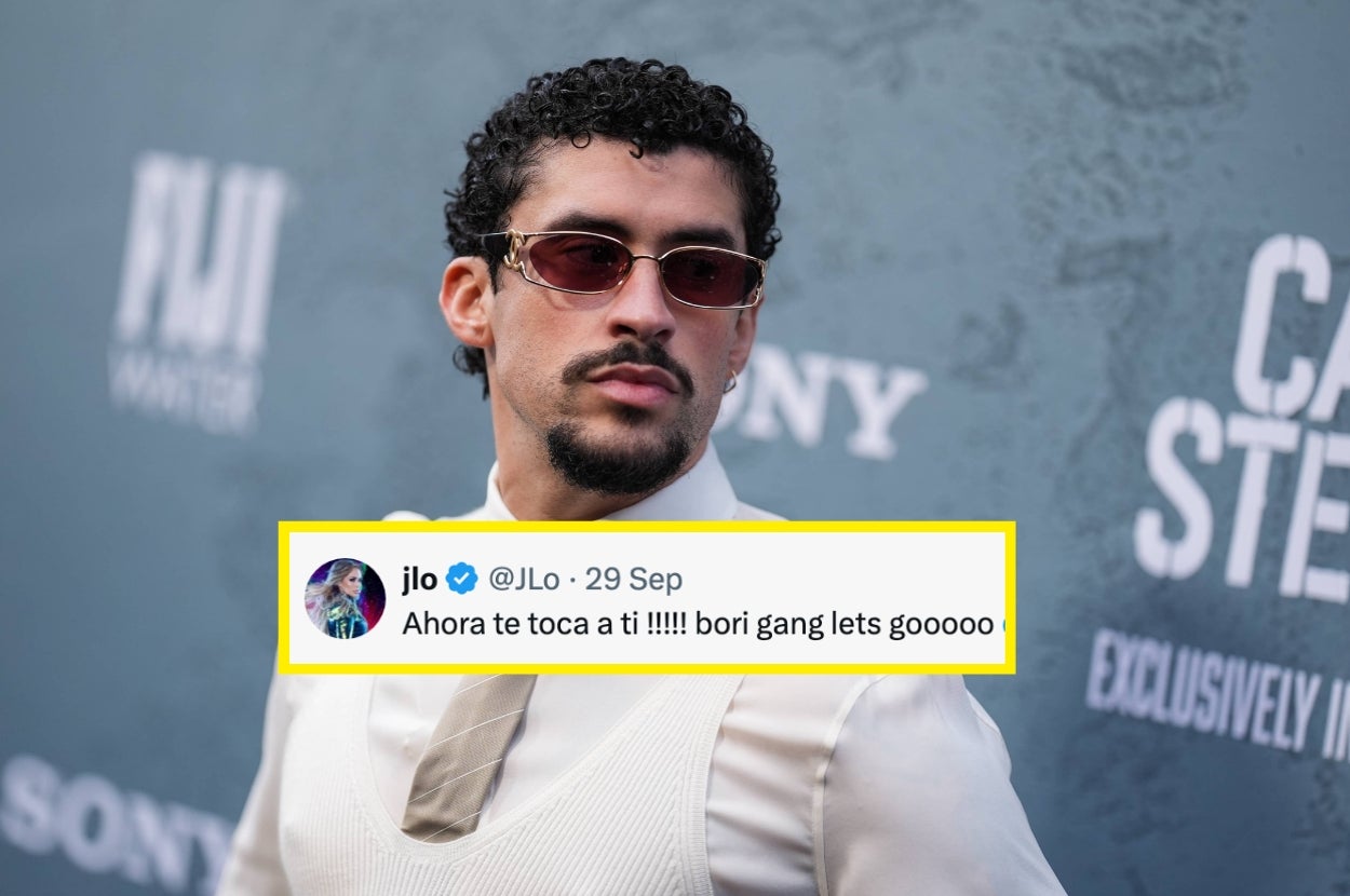Musician in sunglasses and pinstripe suit stands confidently. A tweet from "JLo" reads: "Ahora te toca a ti!!!!! bori gang lets gooooo"