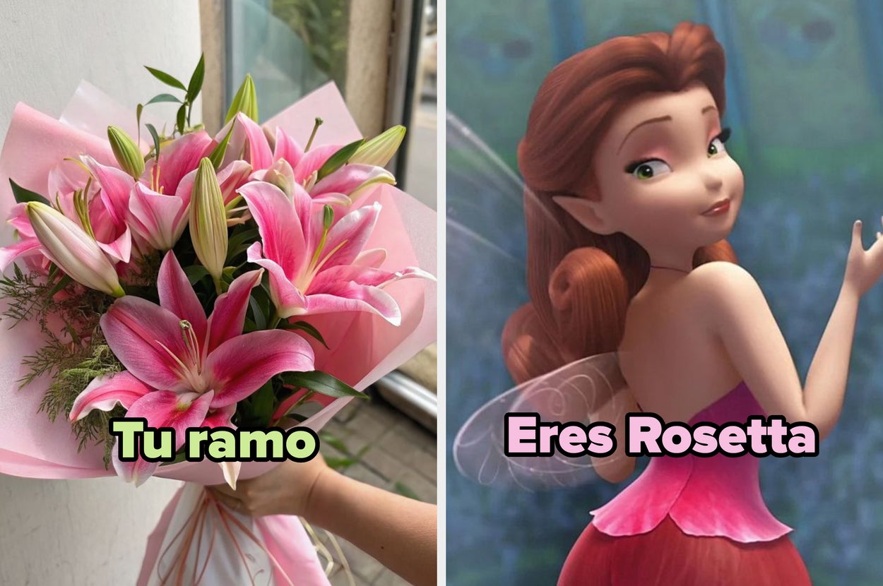 Split image: Left shows a hand holding a pink bouquet labeled "Tu ramo." Right shows an animated fairy named "Rosetta."