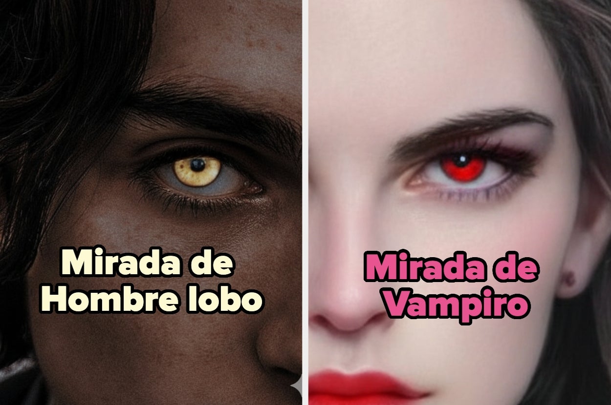 Imagen dividida: a la izquierda, ojos dorados y texto "Mirada de Hombre lobo"; a la derecha, ojos rojos y texto "Mirada de Vampiro"