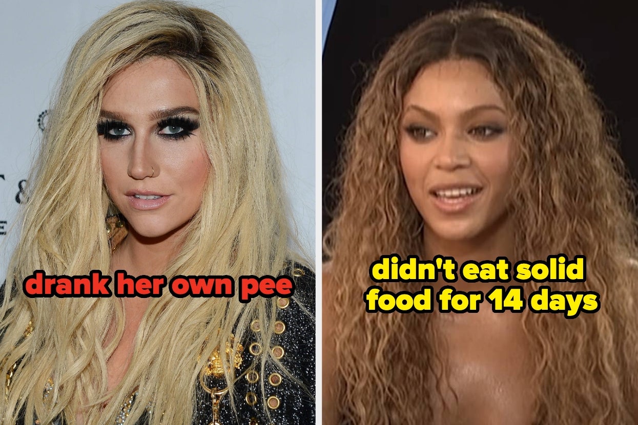 Two women, each with overlaid text. Left: "drank her own pee." Right: "didn't eat solid food for 14 days."