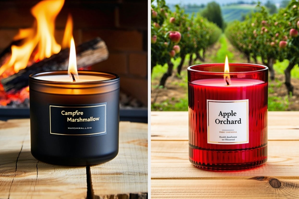 Two scented candles on wooden surfaces: one labeled "Campfire Marshmallow" with a fire background, another labeled "Apple Orchard" with an orchard view