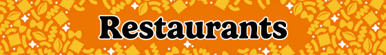 The image has a stylized background with the word "Restaurants" prominently displayed in bold letters