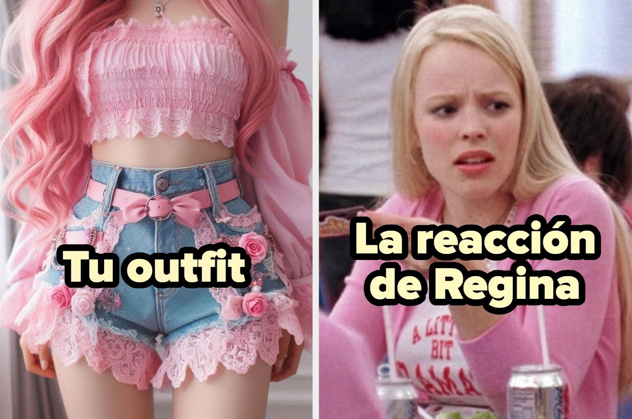 La imagen muestra a la izquierda un atuendo elegante y a la derecha a una persona con expresión de sorpresa junto al texto: "La reacción de Regina"