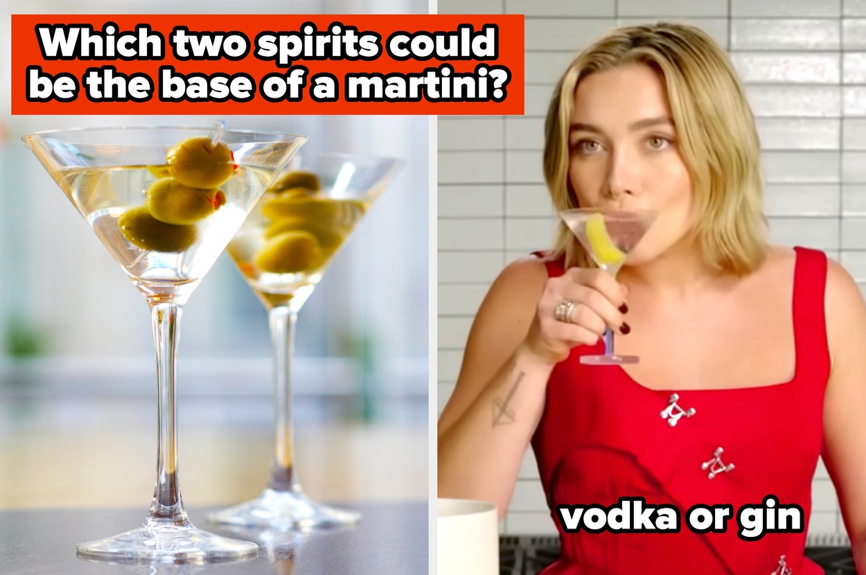Two martini glasses with olives; person in the background sipping a drink. Text asks about the base of a martini: vodka or gin
