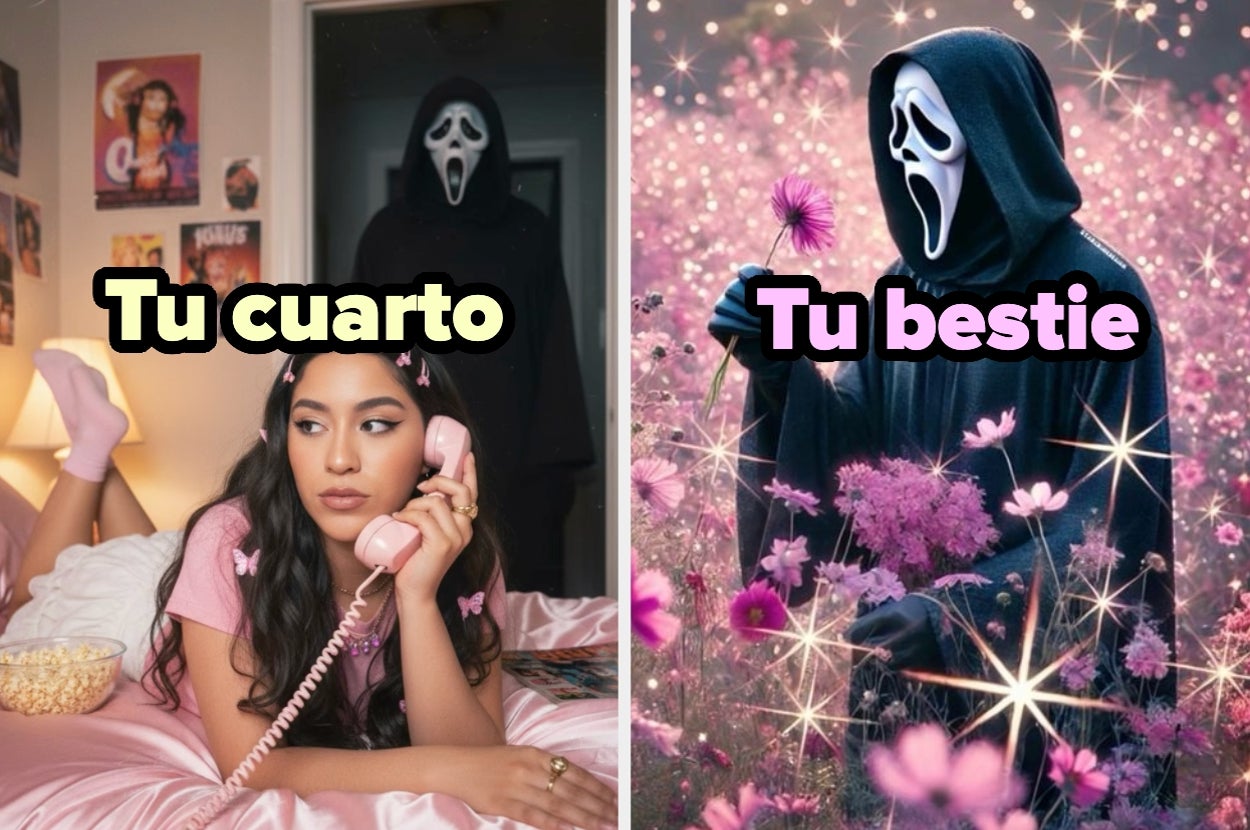 Imagen dividida: izquierda, persona en habitación con teléfono; derecha, figura disfrazada en escenario fantasioso. Texto: "Tu cuarto" y "Tu bestie"