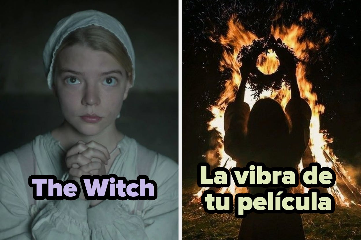 Movie comparison meme: Left shows a girl in a 17th-century-style dress from "The Witch"; right shows a person holding a wreath by a fire with text "La vibra de tu película."