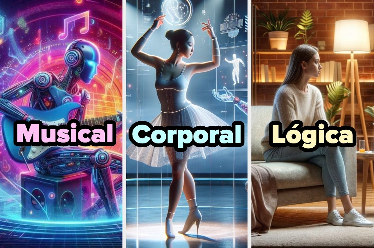 Ilustración dividida en tres partes: un robot tocando una guitarra, una bailarina clásica y una mujer reflexionando en un sofá. Texto: Musical, Corporal, Lógica