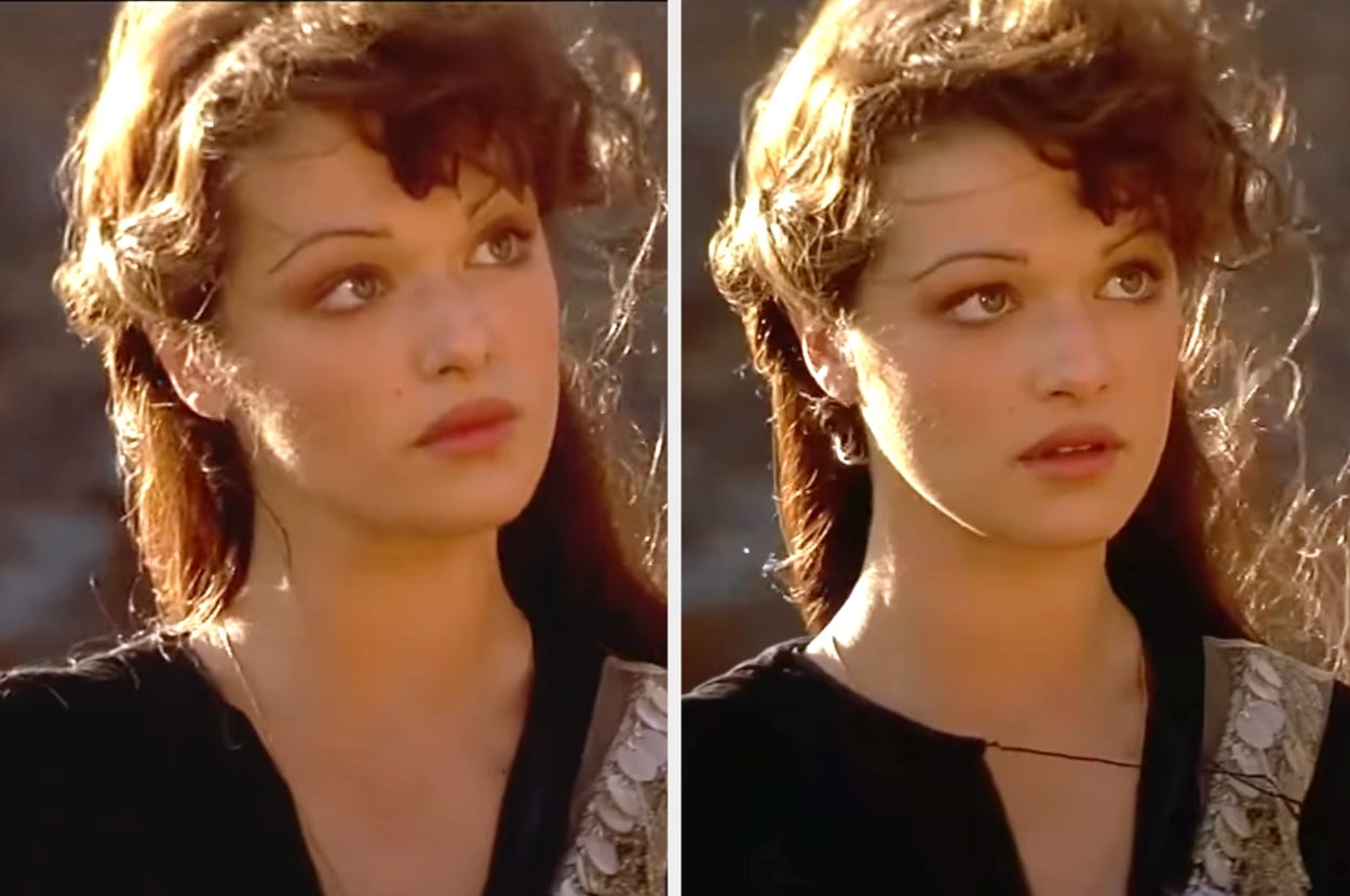 A person with wavy hair, wearing a vintage-style top, gazes thoughtfully in side-by-side portraits outdoors