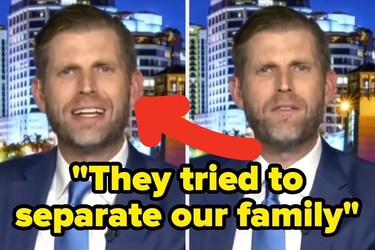 Man in a suit speaking on TV, background of cityscape. Large red arrow points to him with text: "They tried to separate our family."