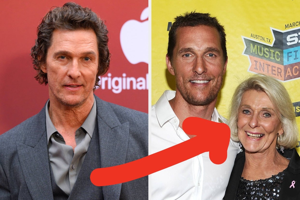 Man on red carpet in suit; next to him, a photo of the same man in a white shirt, smiling with a woman. Large red arrow pointing at the pair