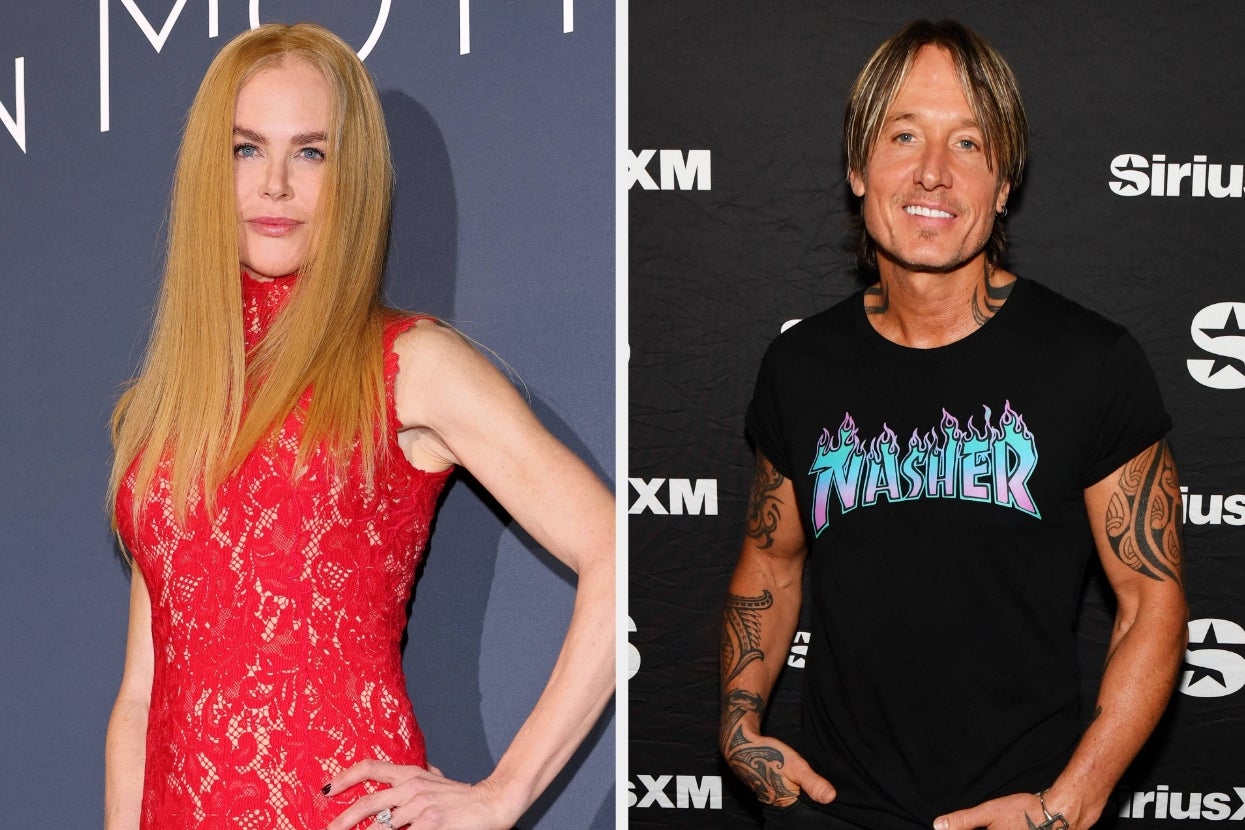 Two celebrities posed separately; one in a lacy dress, the other in a graphic T-shirt with tattoos visible on their arms