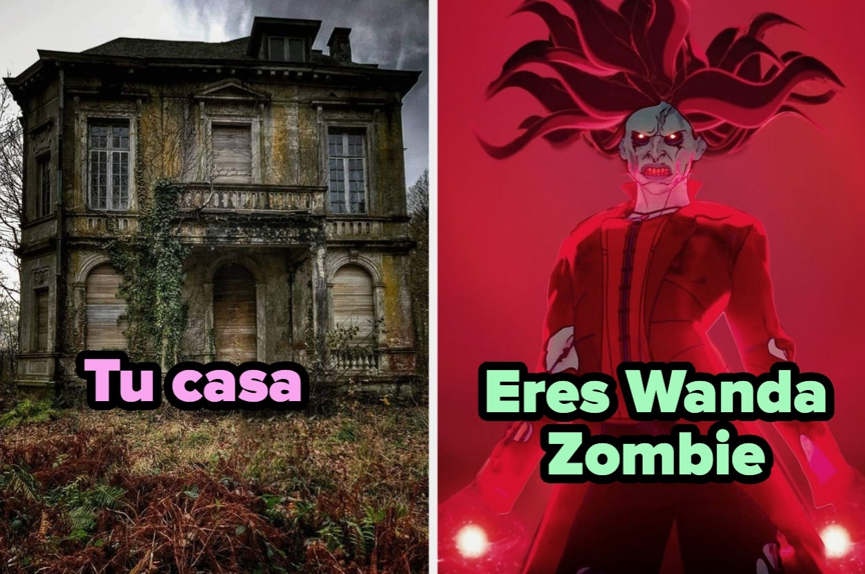 A la izquierda, una casa deteriorada con vegetación descuidada; a la derecha, un personaje estilo zombie con un atuendo intenso. Texto: "Tu casa", "Eres Wanda Zombie"