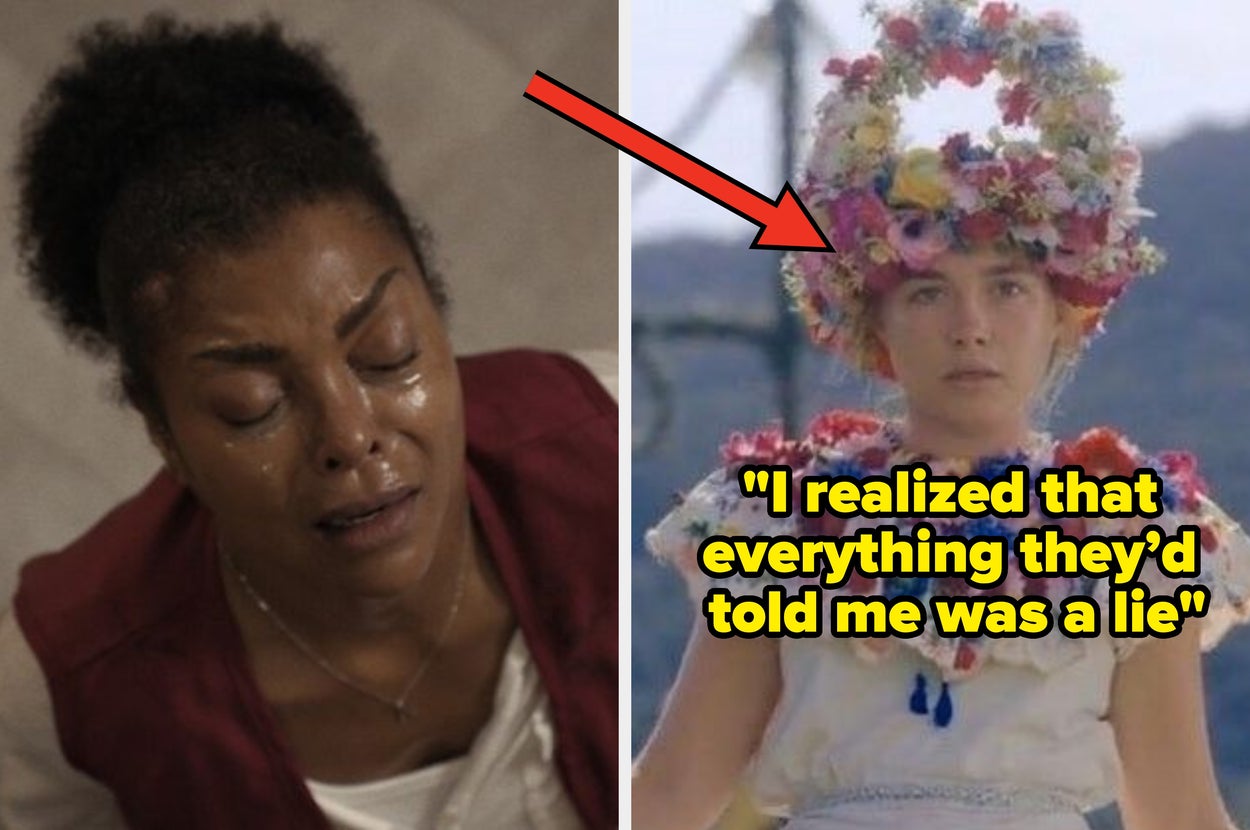 Left: Woman crying while lying down. Right: Young girl in floral headdress with caption "I realized that everything they'd told me was a lie."
