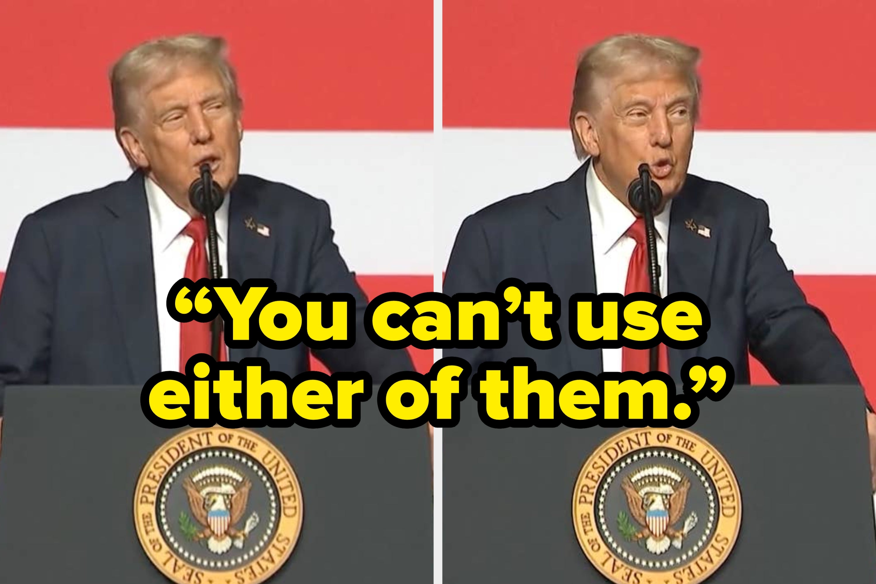 Donald Trump speaking at a podium with text overlay “You can’t use either of them.”