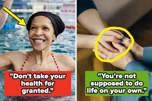 Two images with quotes: left, a swimmer; right, hands joined. Text: "Don't take your health for granted." "You're not supposed to do life on your own."