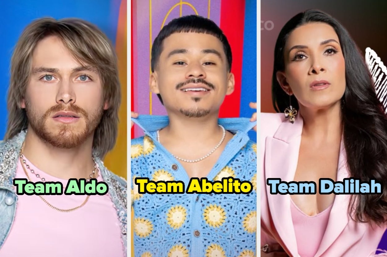 Tres personas en una imagen dividida en columnas. Cada una representa un equipo: Aldo, Abelito, y Dalilah. Están vestidos con atuendos modernos