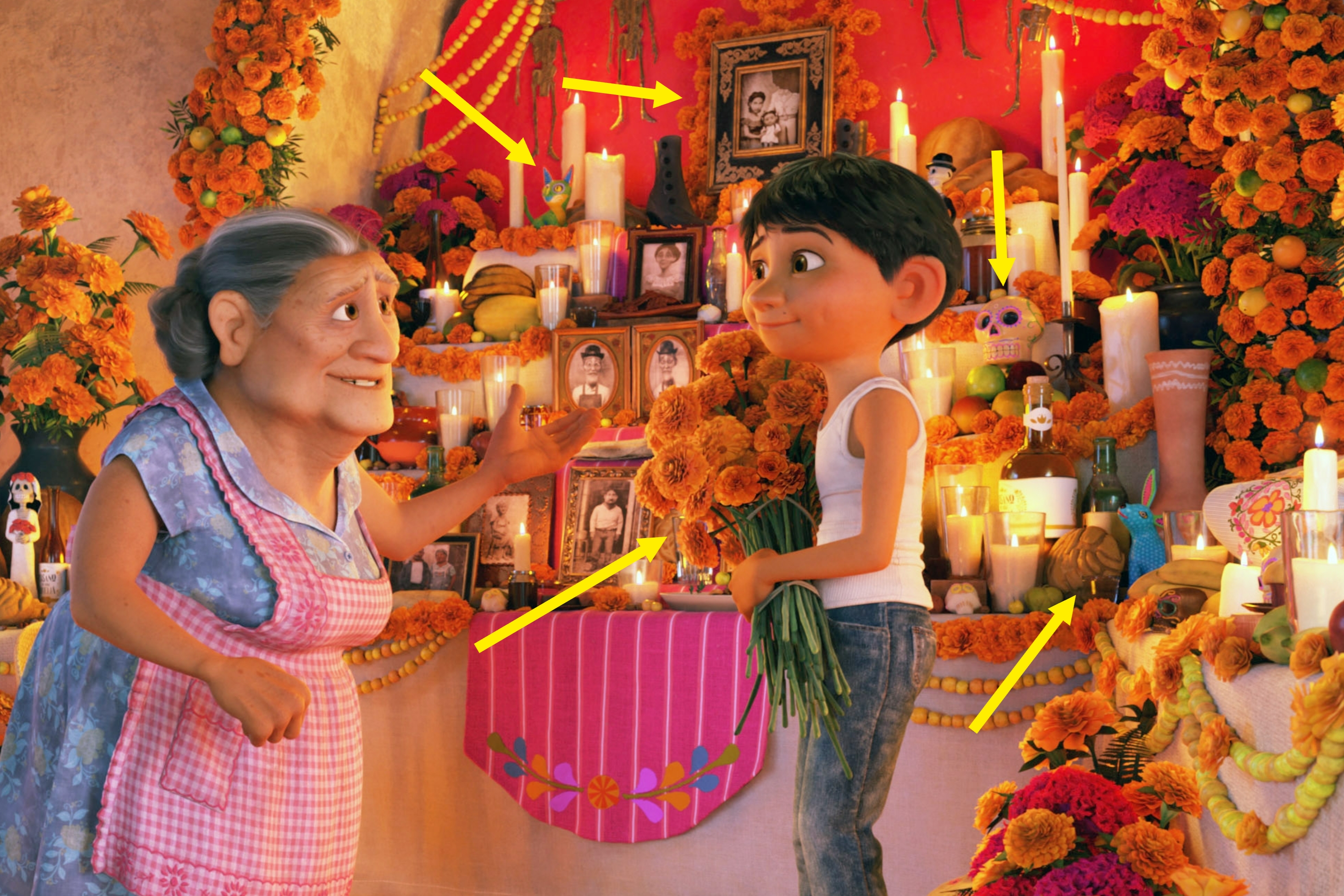 Animated scene of a grandmother and boy in a lively room with marigold decorations and an ofrenda for Día de los Muertos