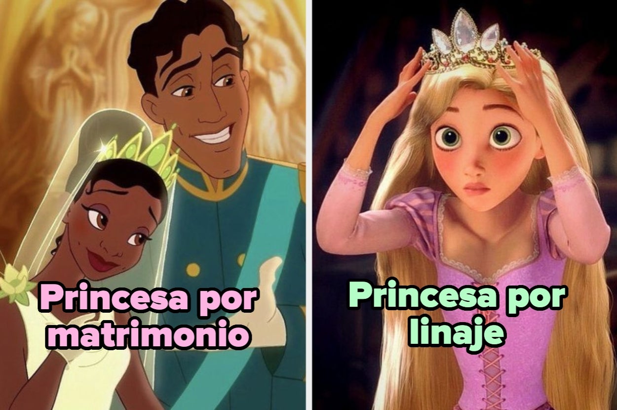 Dos imágenes de princesas de Disney: Tiana con Naveen y Rapunzel ajustándose la corona. Texto: "Princesa por matrimonio" y "Princesa por linaje"