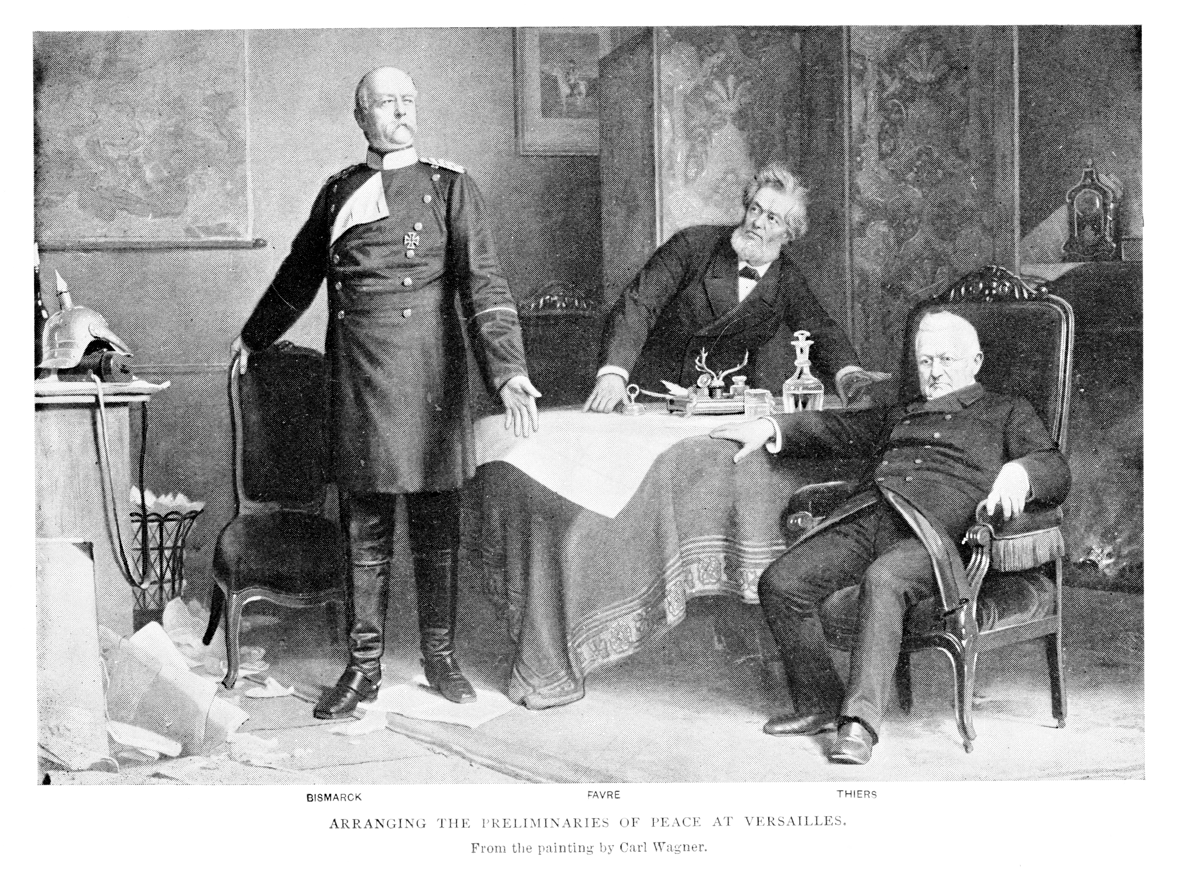 Three humanities figures successful 19th-century subject attire sermon the Treaty of Versailles, depicted successful a ceremonial country setting