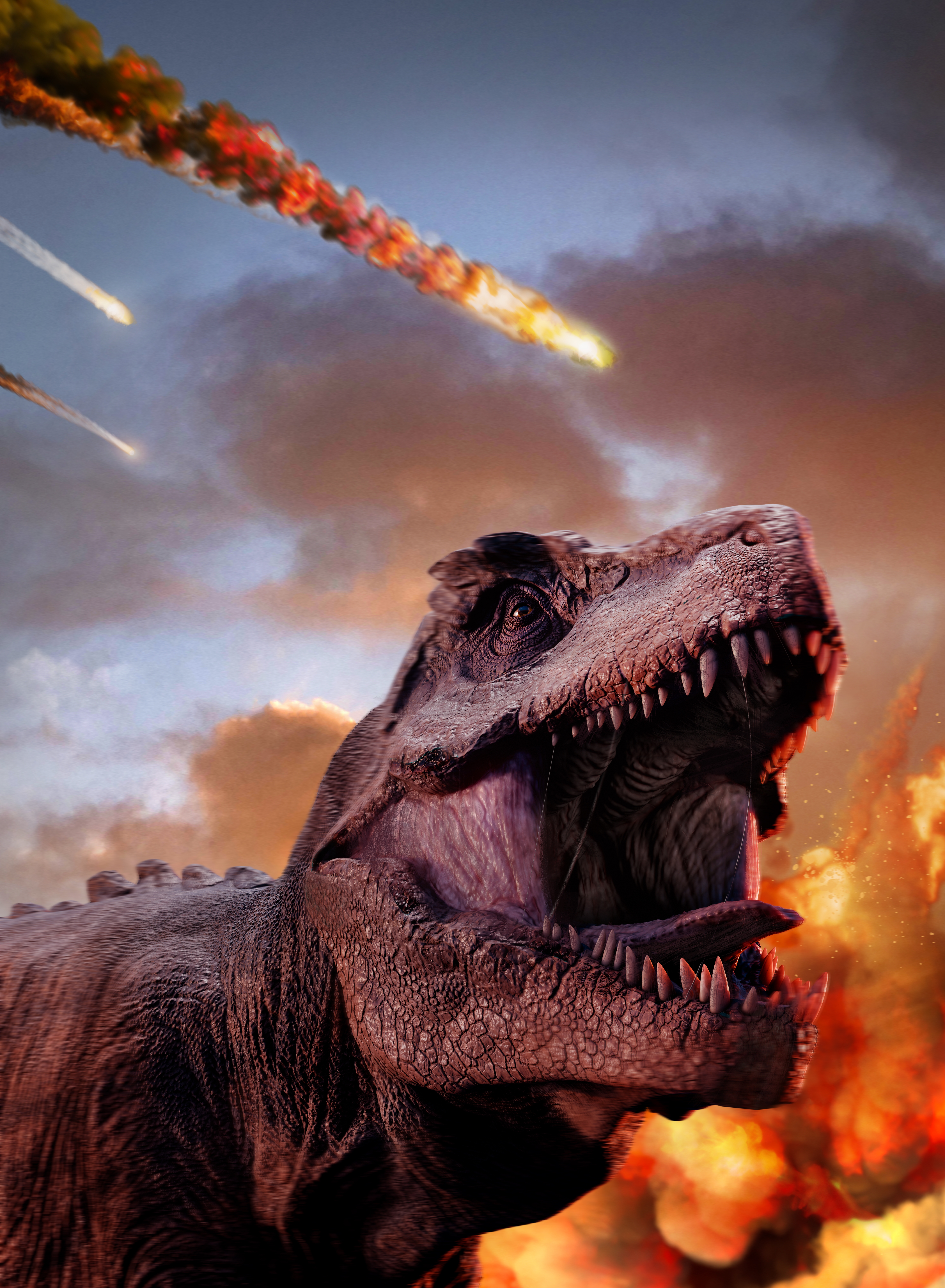 A roaring T. rex with meteors streaking crossed the entity successful a dramatic, catastrophic scene