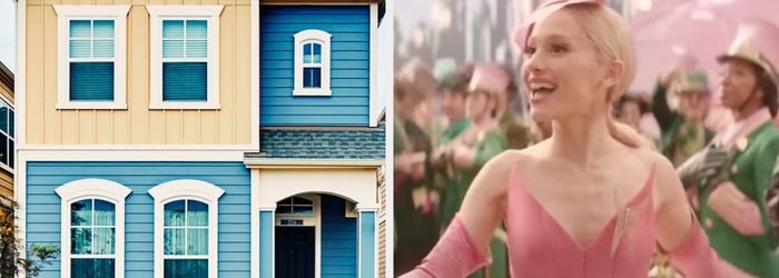 On the left, a two-story house with blue and beige siding. On the right, a person in a pink dress and hat, smiling at an event