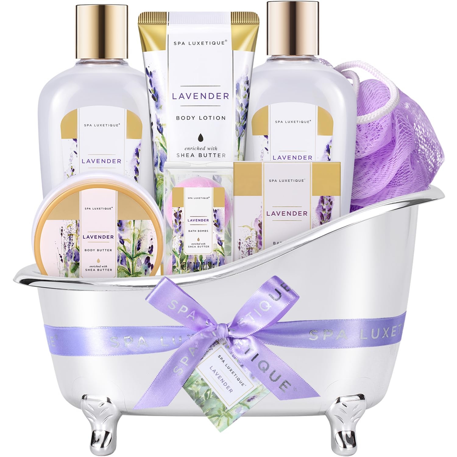Spa Luxetique lavender-themed bath set with lotions, creams, and a loofah in a mini tub. Ideal for relaxation and gifting