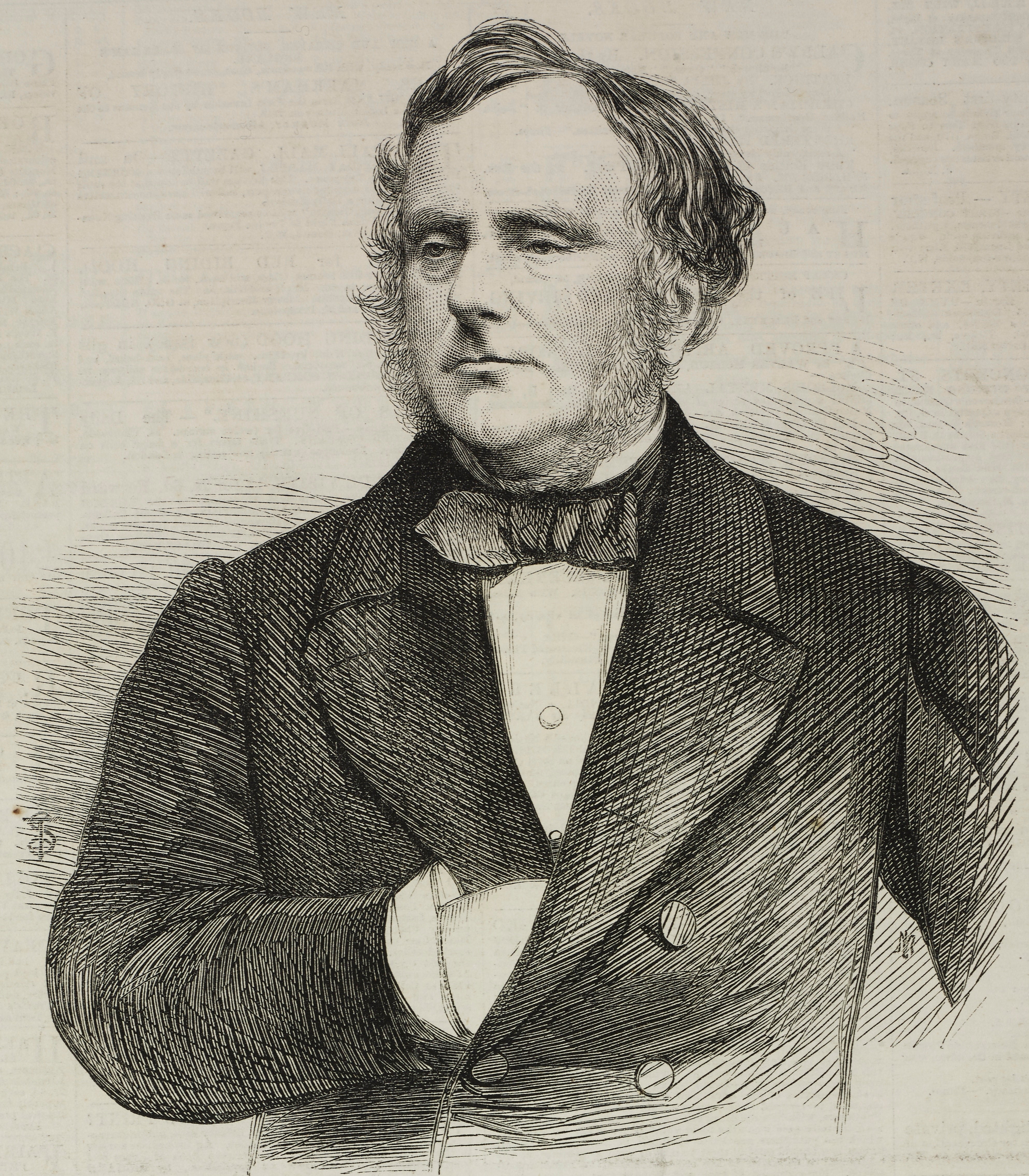 An illustration of a 19th-century man in a suit with a bow tie, hand on chest, appearing thoughtful