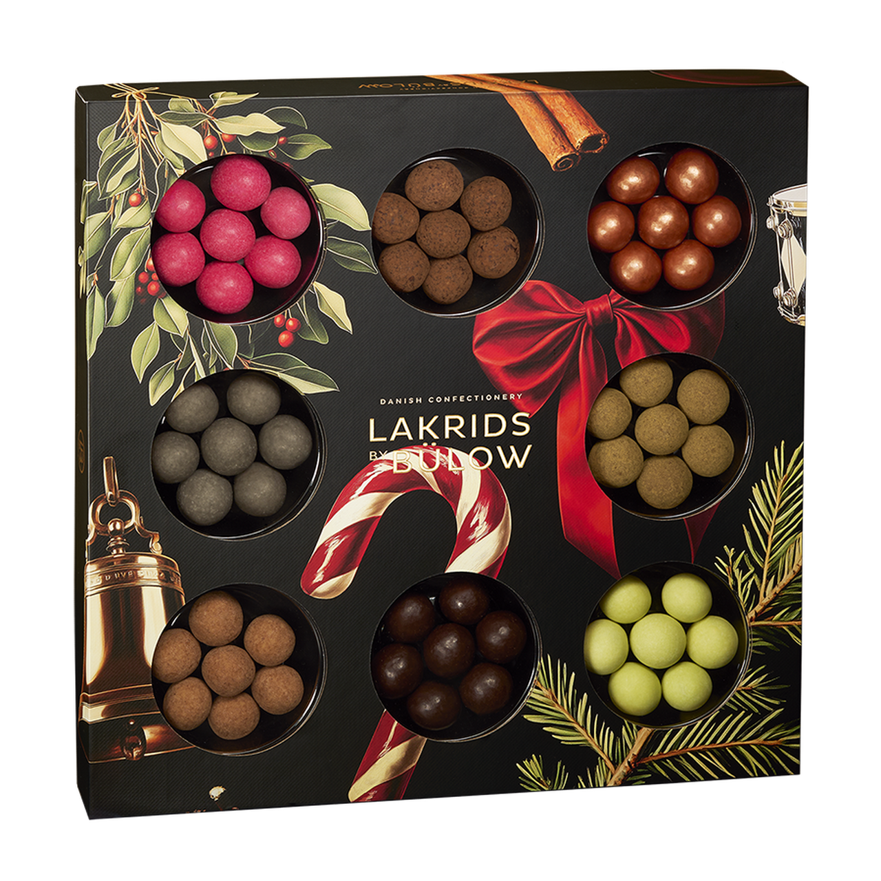 Assorted flavored licorice gift box with holiday-themed packaging featuring candy canes and greenery. Perfect for holiday shopping