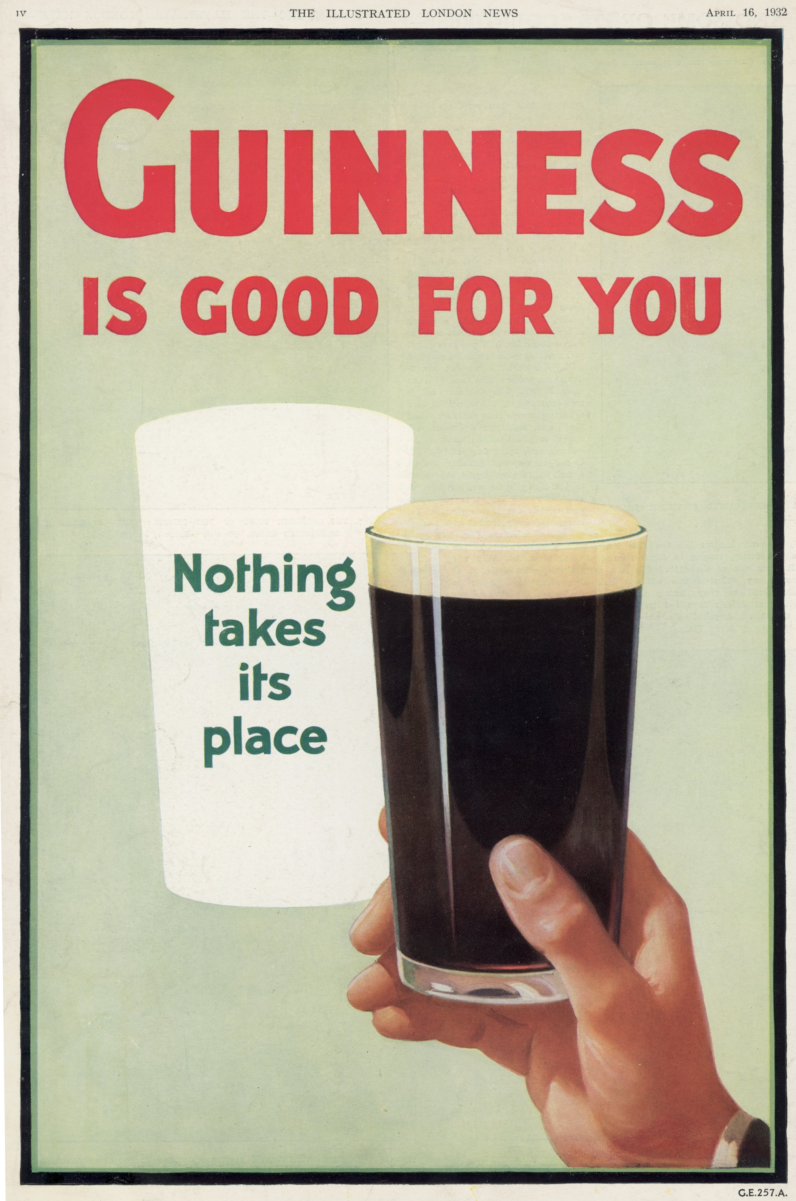 Vintage ad for Guinness beer with slogan "Guinness is Good for You" and phrase "Nothing takes its place" beside a hand holding a pint