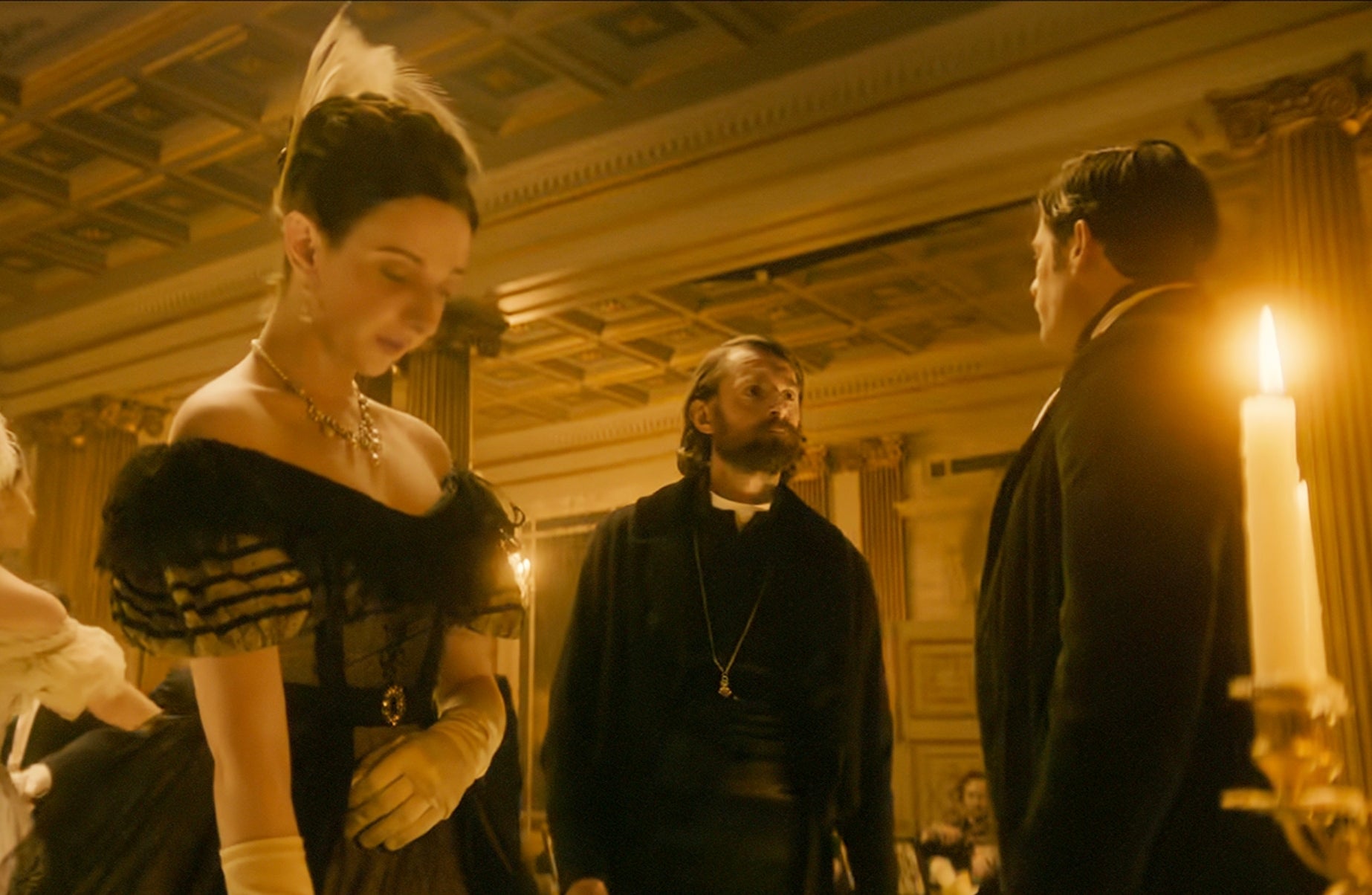 Victorian-style ballroom scene with elegantly dressed individuals in formal attire, including a woman in a gown and men in suits, gathered in a lavish setting