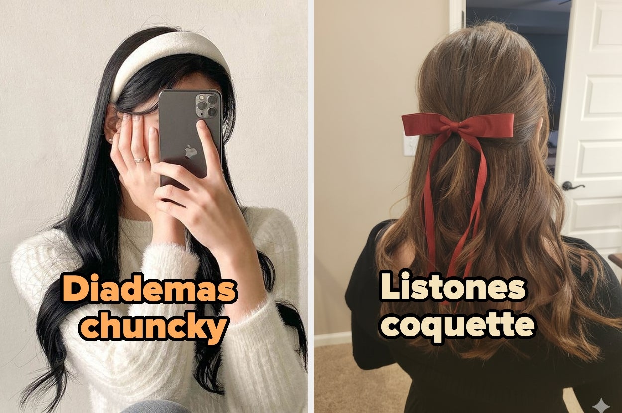 Persona con diadema ancha usando un celular; otra con listón rojo en el cabello. Texto: "Diademas chuncky", "Listones coquette"