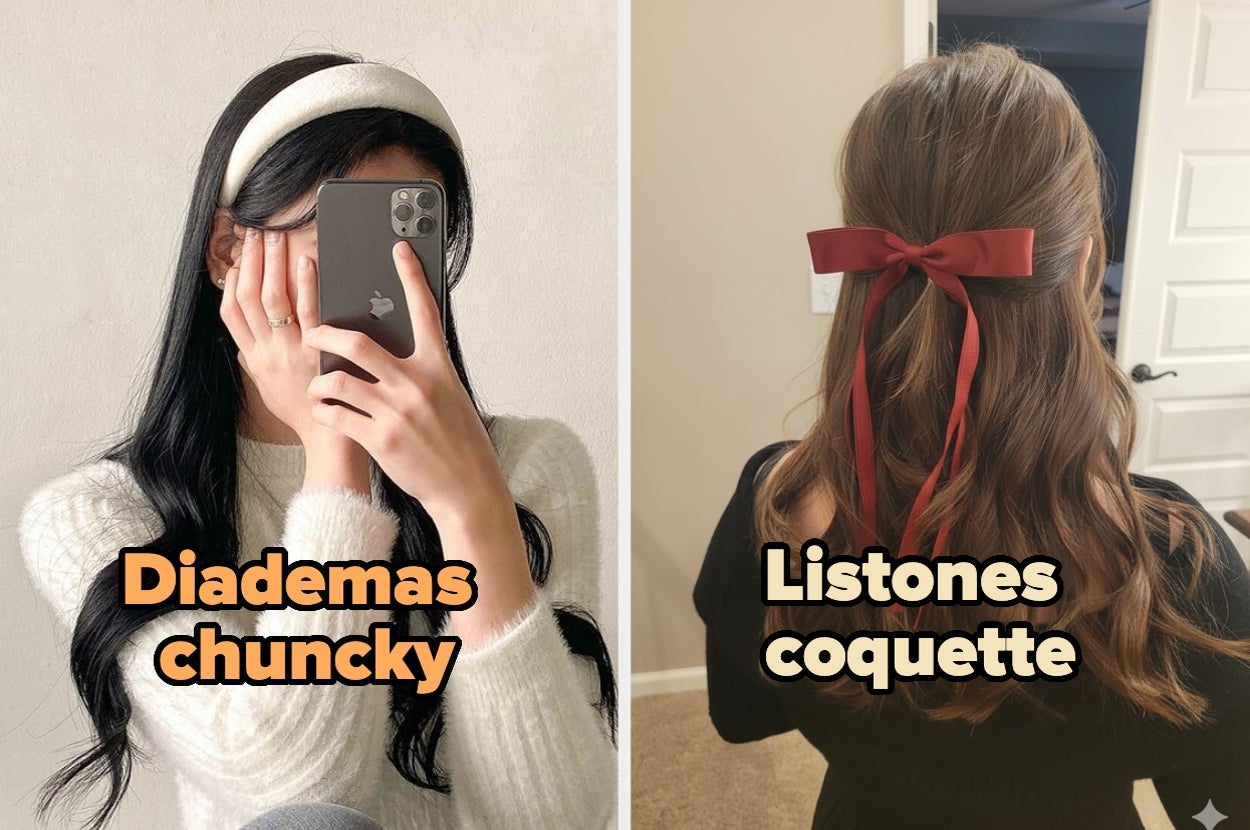 Persona con diadema ancha usando un celular; otra con listón rojo en el cabello. Texto: "Diademas chuncky", "Listones coquette"