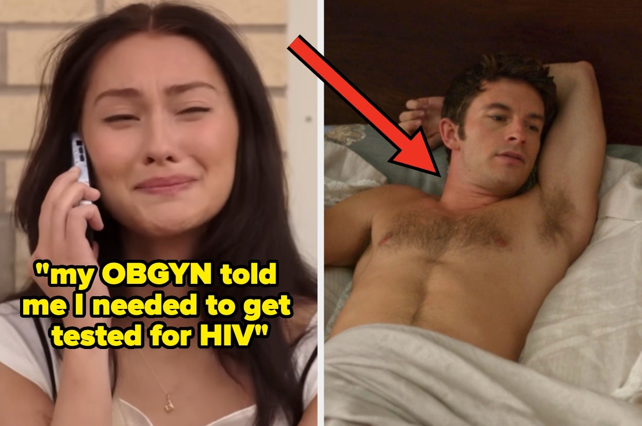 Distraught woman talks on phone; shirtless man lies in bed. Featured text: "my OBGYN told me I needed to get tested for HIV."