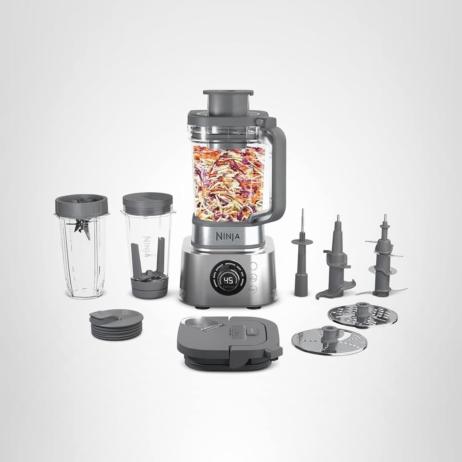 Ninja nutrient  processor acceptable   with a ample  blender, aggregate  blades, and 2  single-serve cups, perfect  for versatile room  use