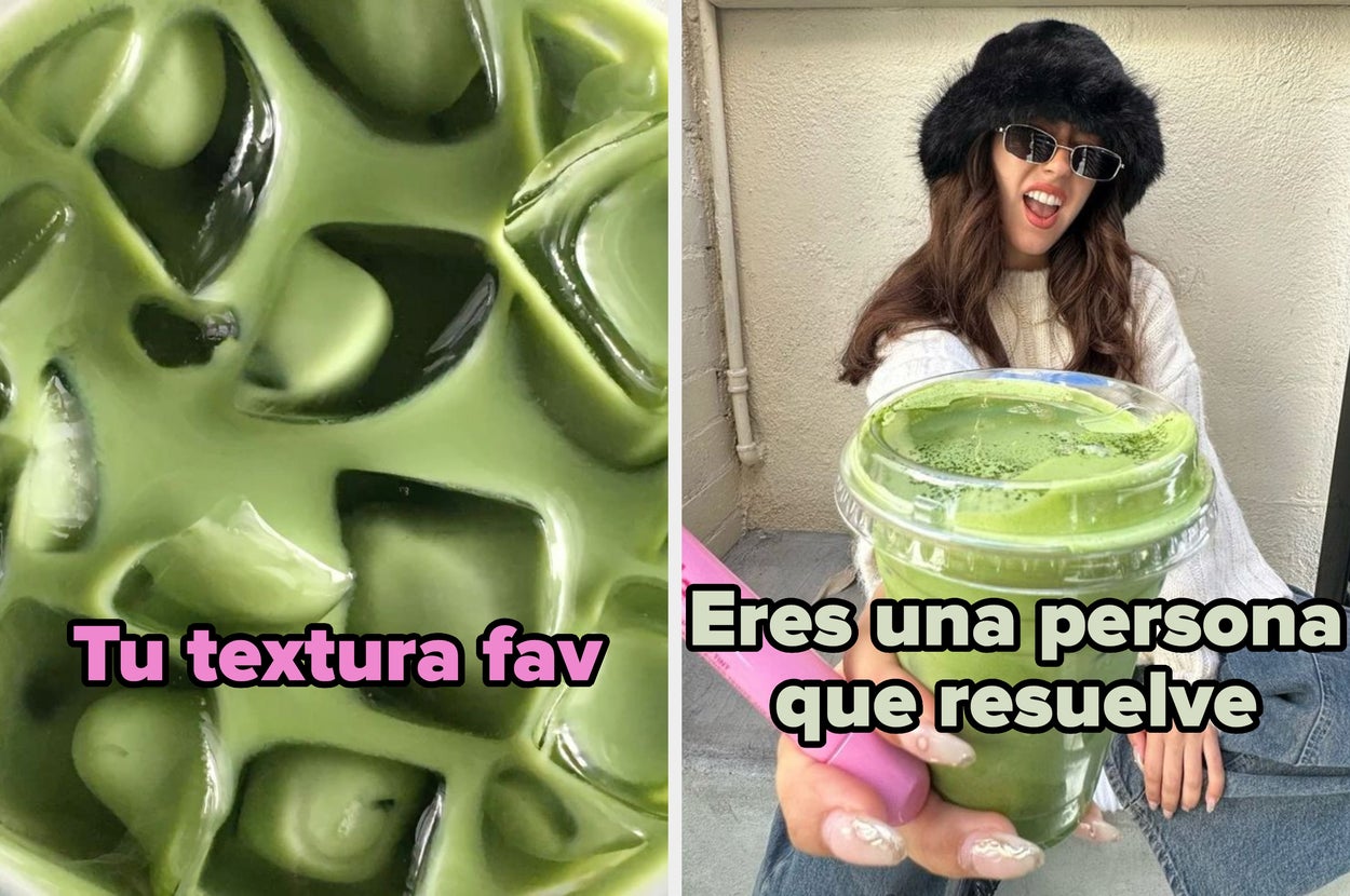 A la izquierda, una persona con gorro y gafas sostiene una bebida verde. A la derecha, una persona sonríe y gira en un campo de flores. Texto motivador