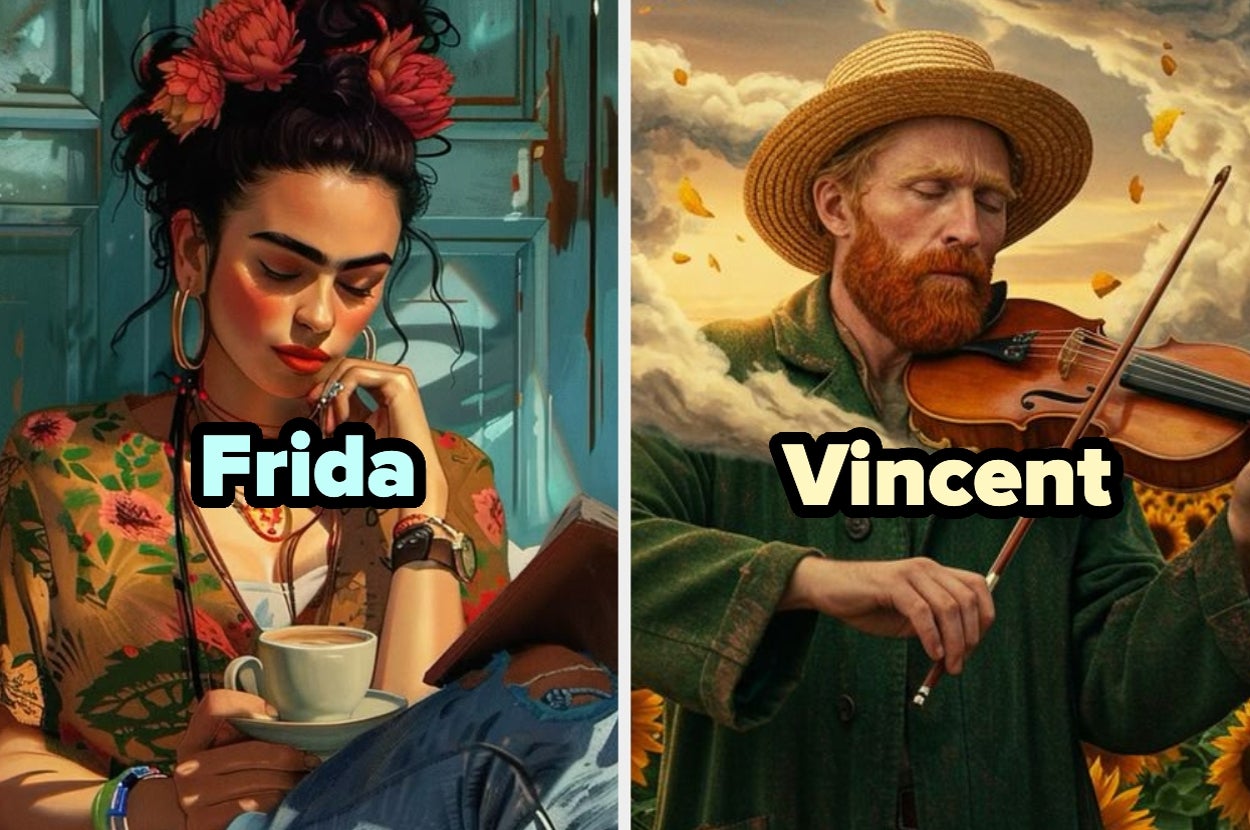 Ilustraciones de Frida Kahlo con una taza de café y Vincent van Gogh tocando el violín bajo un cielo nublado