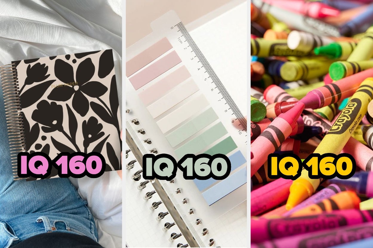 Three images show objects suggesting intelligence: a notebook, paint swatches, and crayons, each labeled "IQ 160."