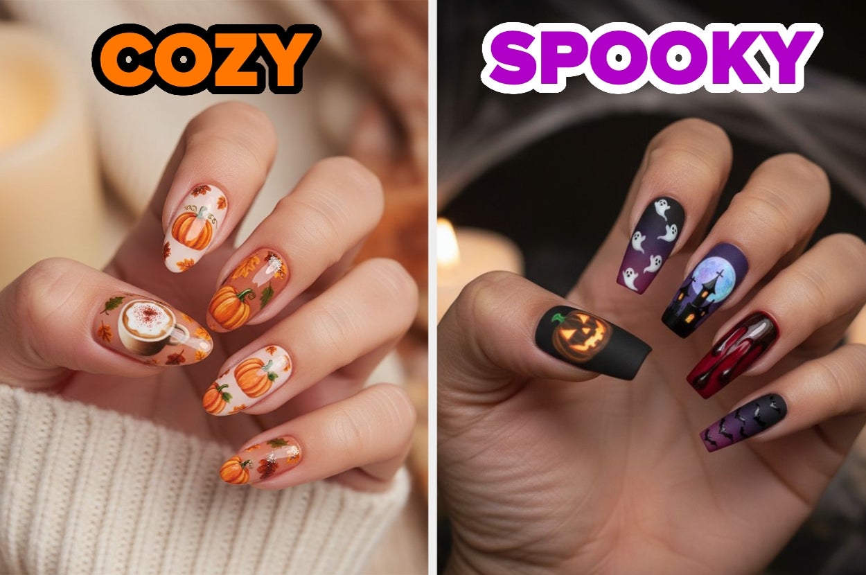 Left: Cozy-themed nails with pumpkins and leaves. Right: Spooky-themed nails with ghosts, a pumpkin, and bats