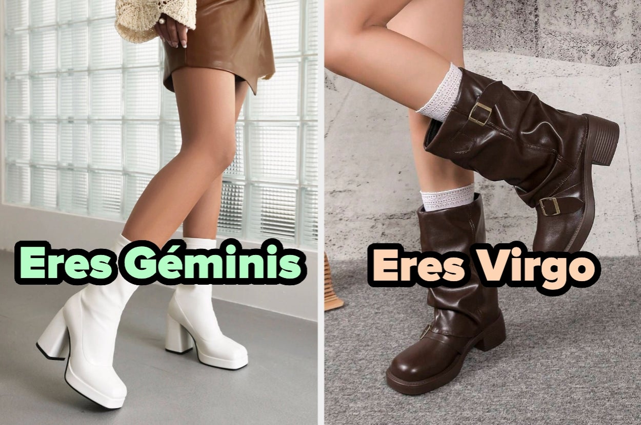 Dos imágenes de piernas con botas: izquierda, botas blancas con falda corta; derecha, botas marrones con hebillas. Texto: "Eres Géminis", "Eres Virgo"
