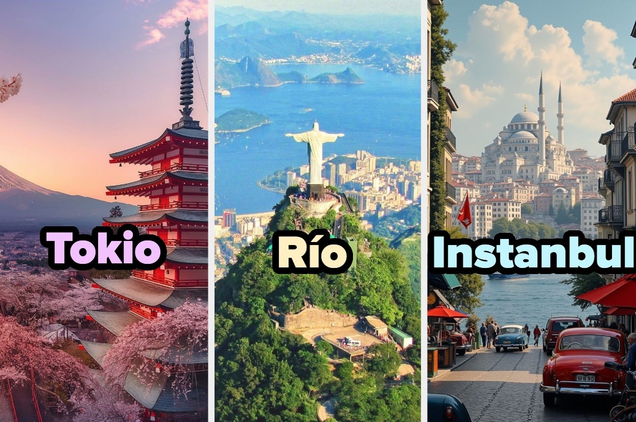 Imagen dividida en tres partes: Tokio con templo; Río de Janeiro con Cristo Redentor; Estambul con vista de mezquita y autos en calle flanqueada por edificios