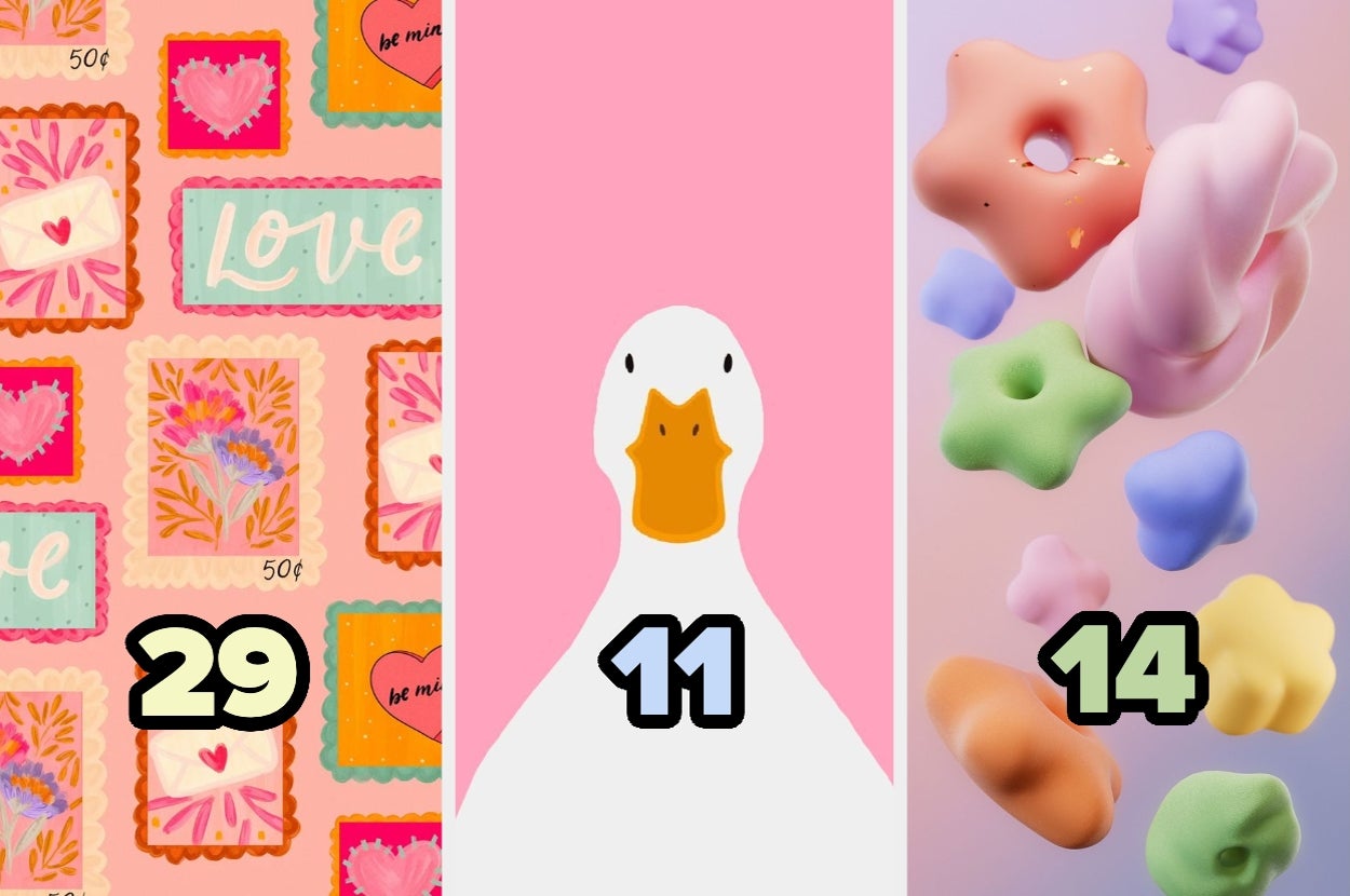 Collage de tres imágenes: tarjetas de San Valentín (29), un pato en fondo rosa (11) y formas esponjosas de colores (14). Números en cada sección