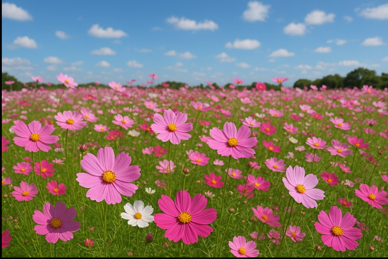 広大な野原に咲くコスモスの花々。青空が背景に広がる。