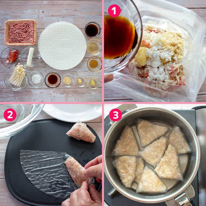 餃子の作り方手順。具材の計量、皮への具の包み方、鍋での調理を順に示した4コマ画像。