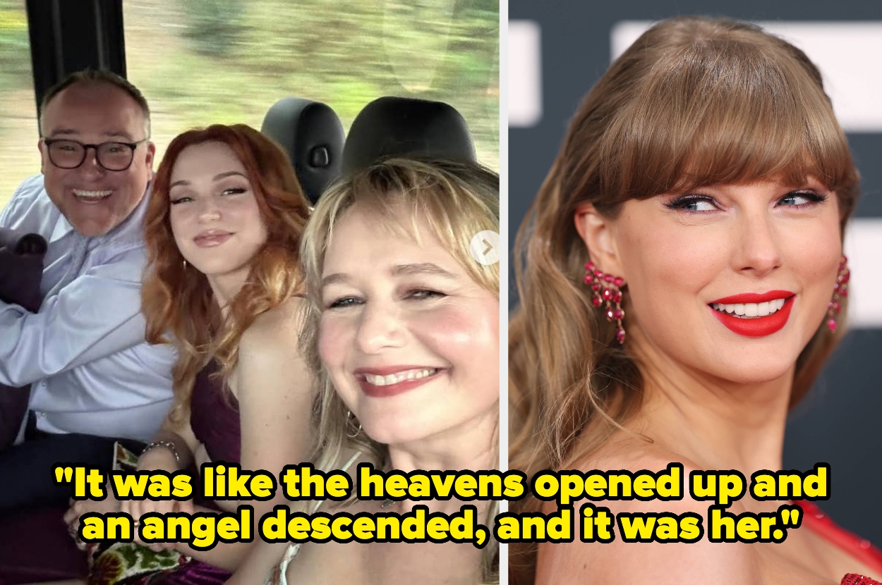 Three people smile for a selfie on the left; a famous singer with wave-styled hair on the right. Caption: "It was like the heavens opened..."