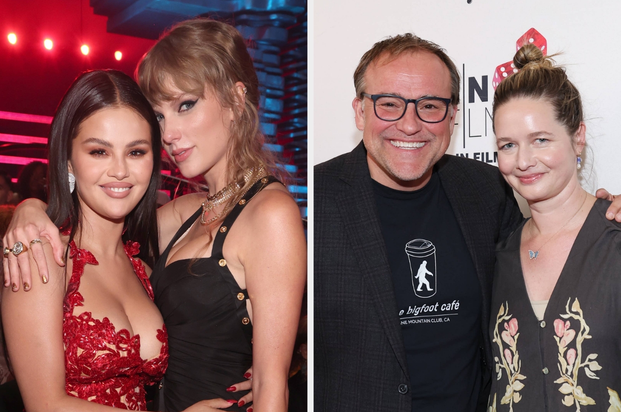 Two side-by-side photos: Left, two celebrities in stylish dresses at an event. Right, two people smiling at a formal gathering